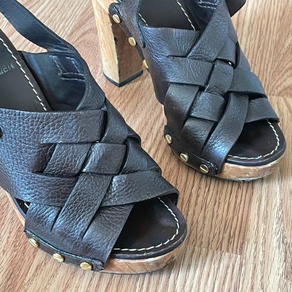 Tory Burch Women Heel Sandal Shoes Dark Brown Leather Upper Wood Heel Size 6 - Picture 5 of 12